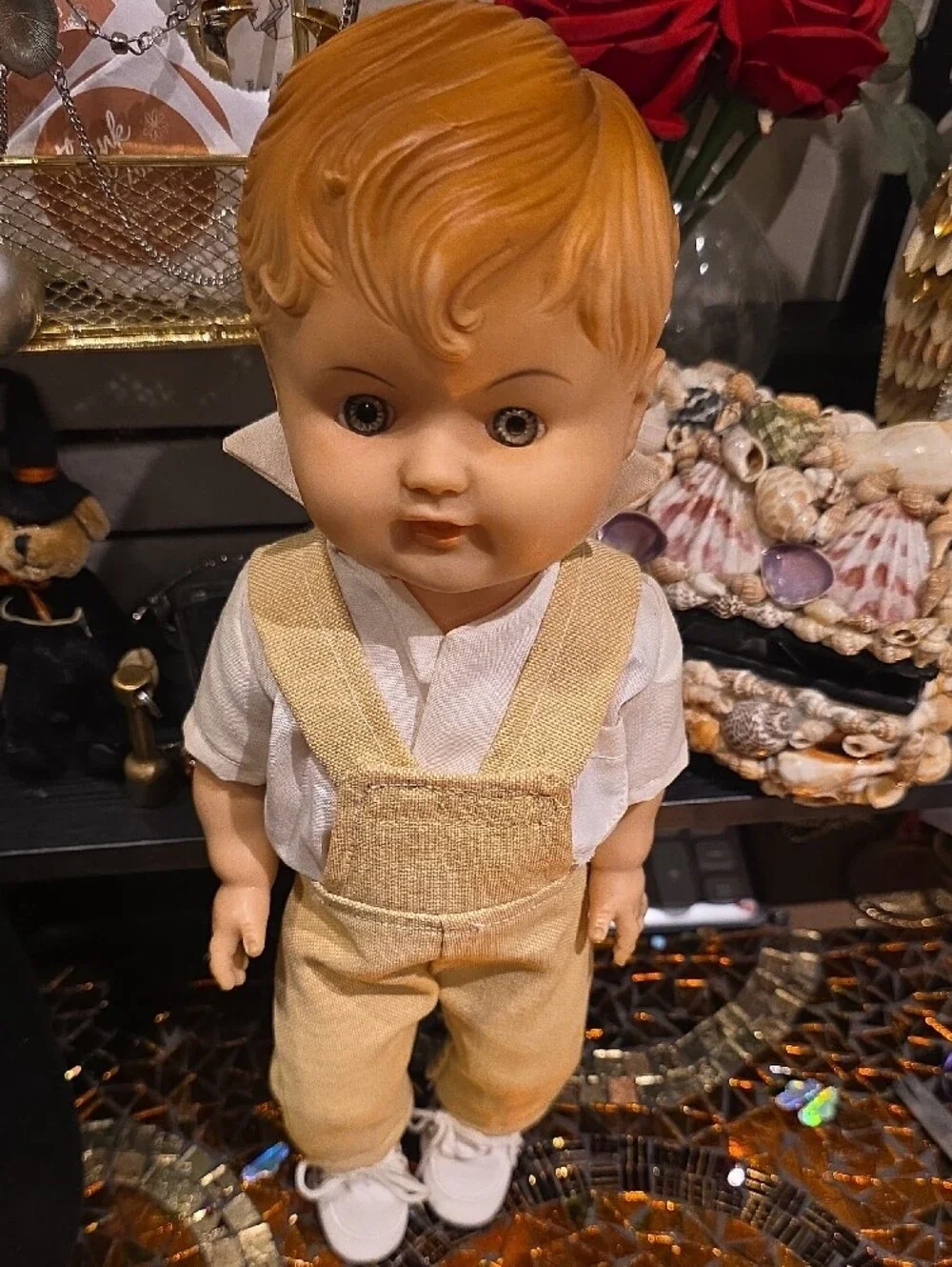 Vintage Doll in Tan Overalls with White Shirt